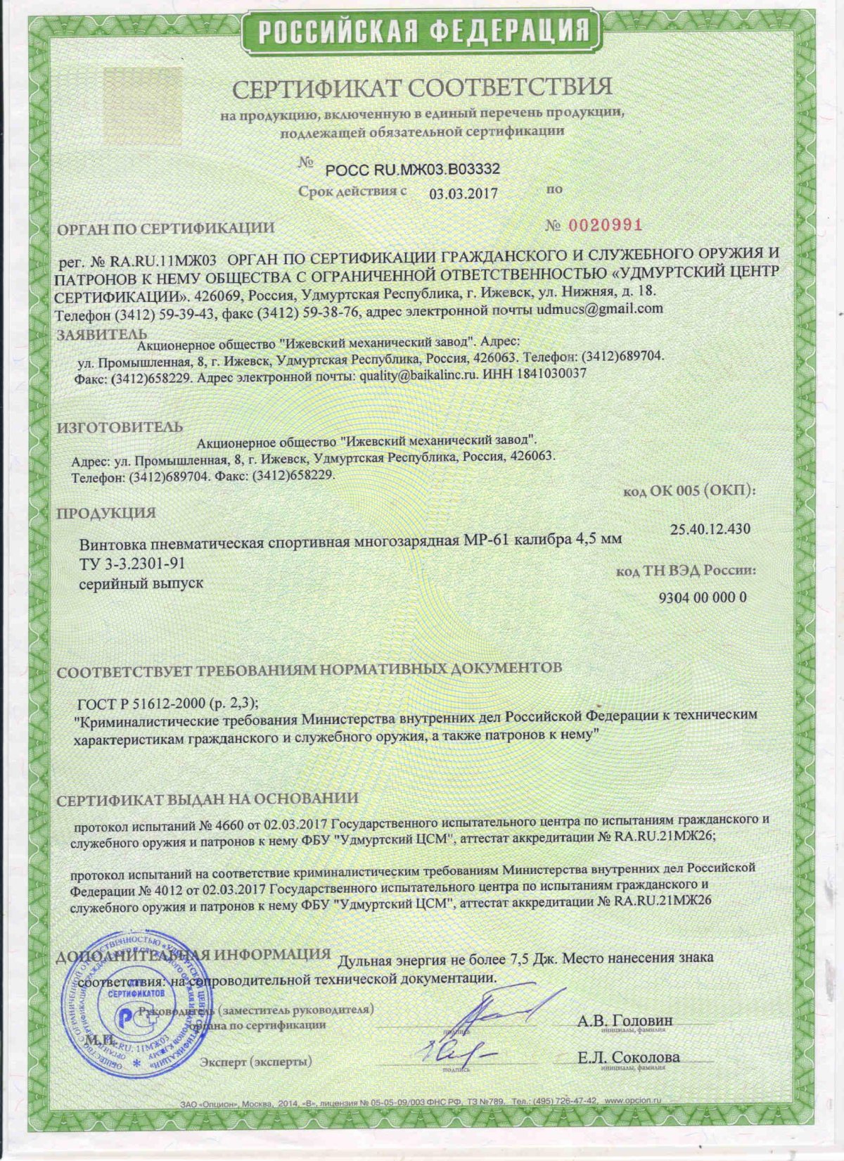 ИЖ 61 сертификат соответствия