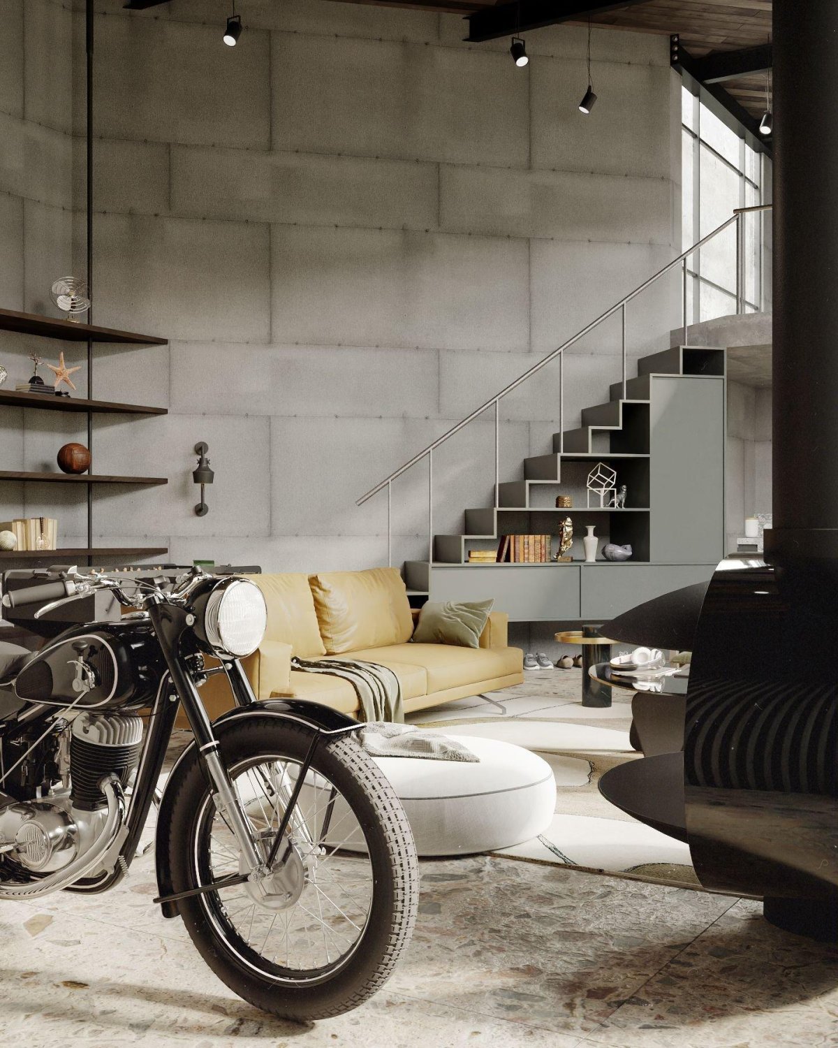 Интерьер в стиле лофт с мотоциклом