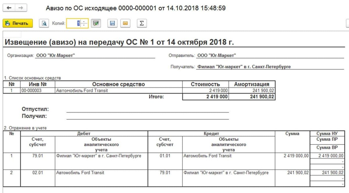 Авизо по ОС В 1с Бухгалтерия