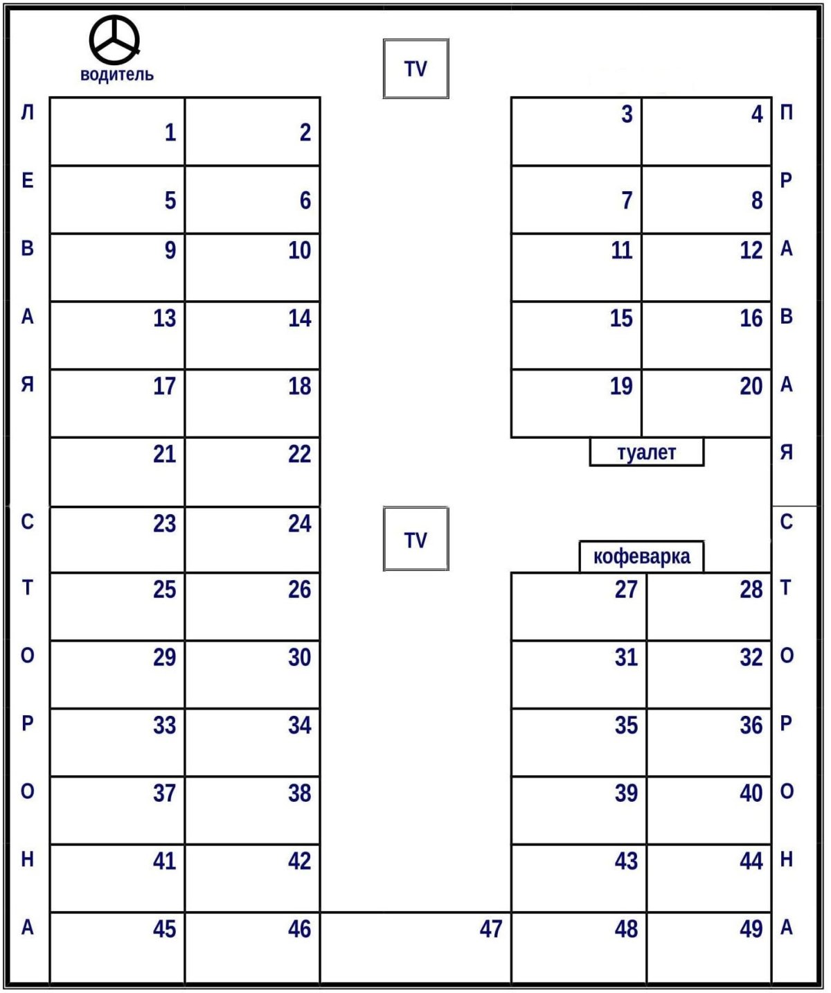 Схема расположения мест в автобусе сетра 49 мест