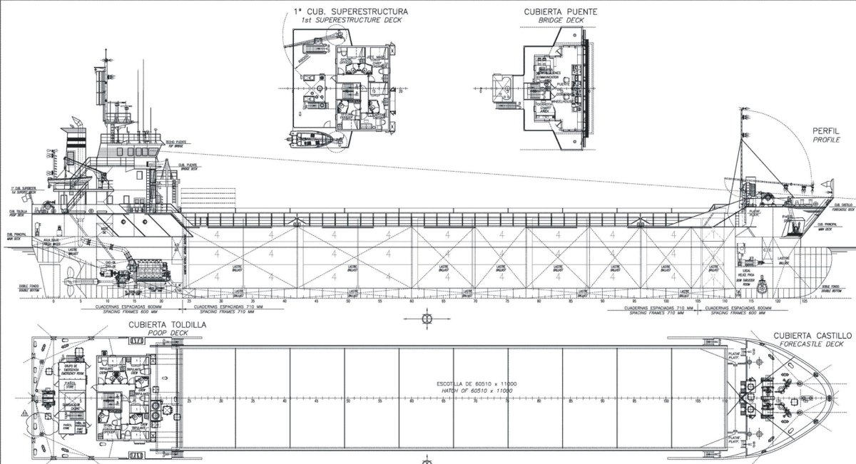 Теоретический чертеж судна контейнеровоза