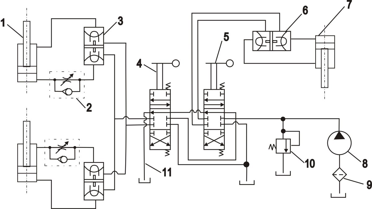 Схема подключения двух гидроцилиндров