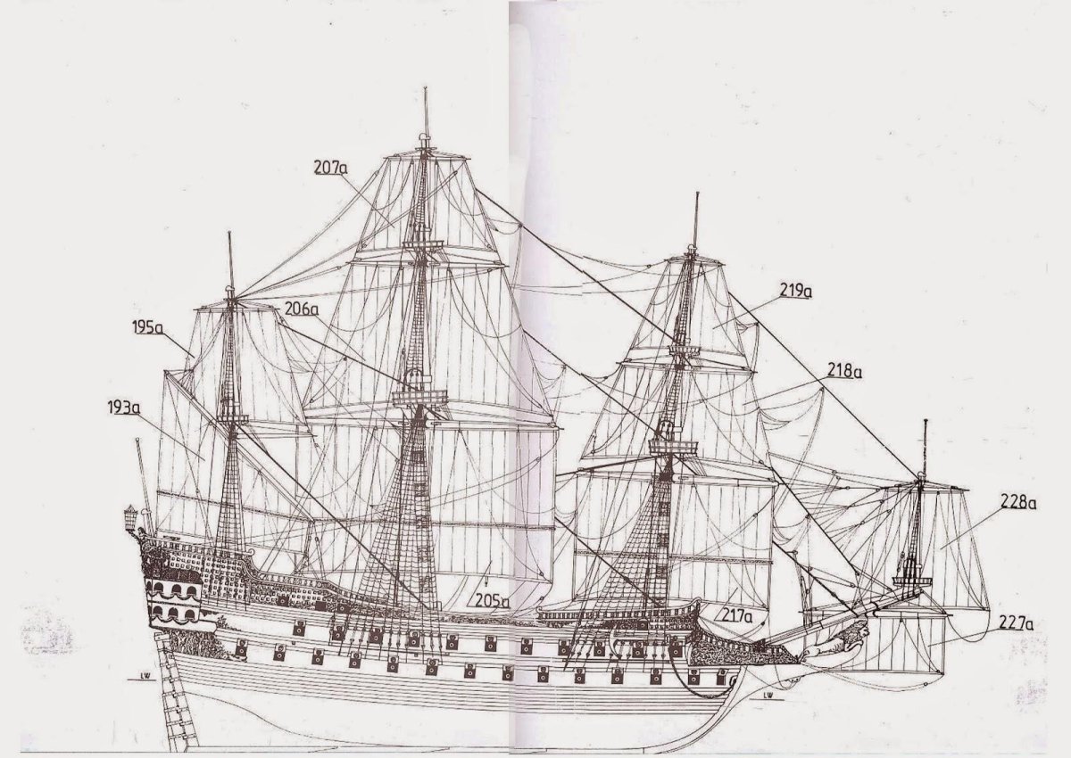 Такелаж трехмачтового парусника 17 века