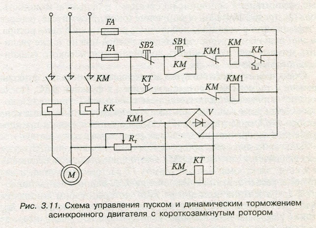 Схема включения динамического торможения асинхронного двигателя