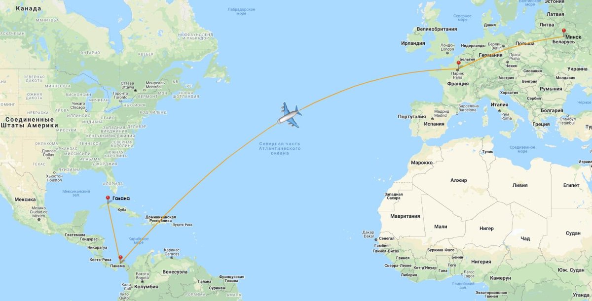 Траектория полета Москва Куба