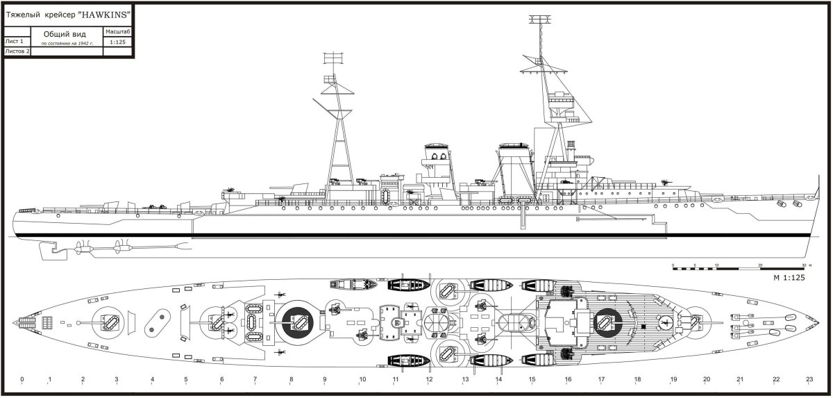 Крейсер HMS Hawkins чертёж