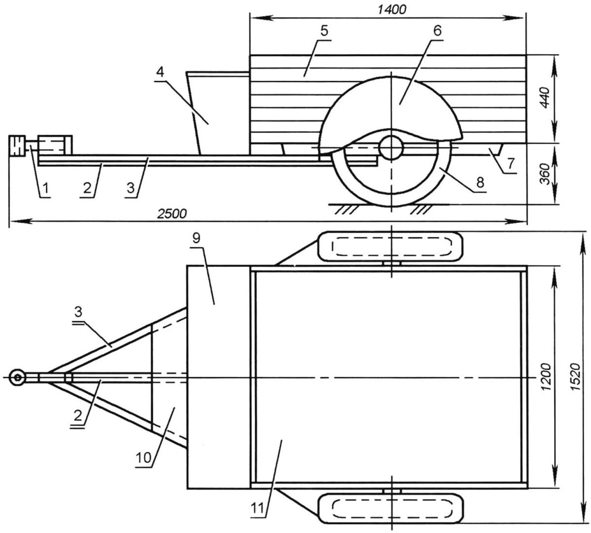 Чертёж прицепа для мотоблока Нева МБ-2
