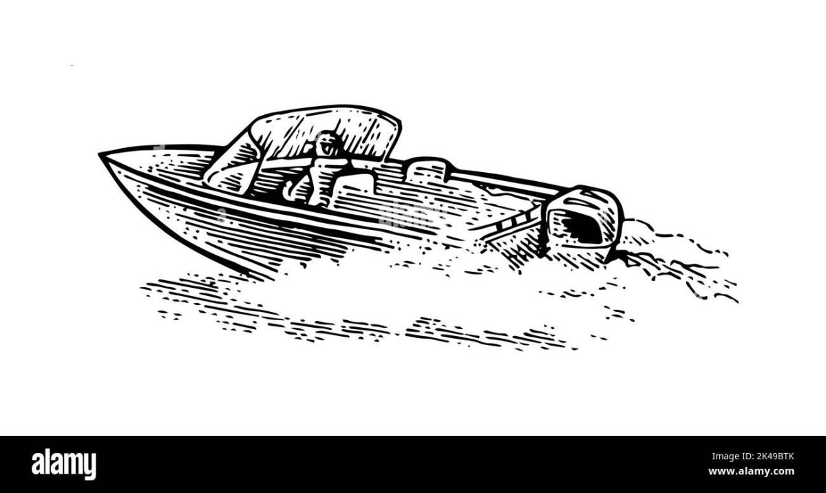 Рисунок моторной лодки плывущей по реке