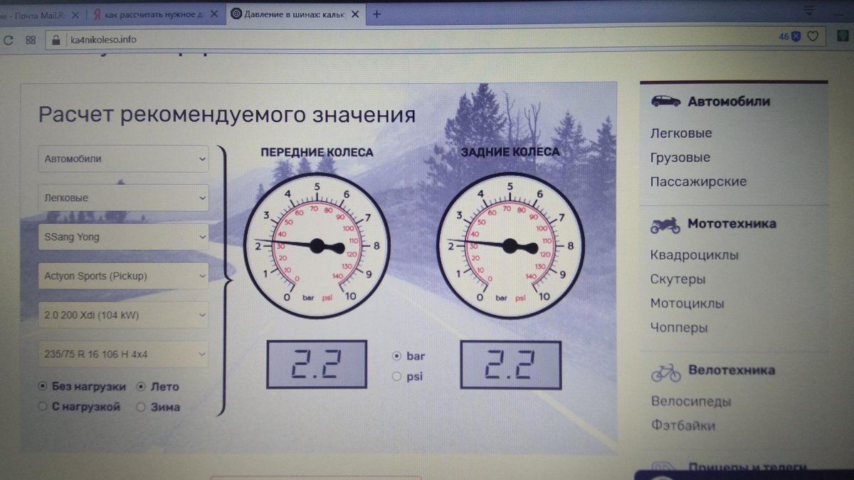 Давление в шинах ССАНГЙОНГ Актион r16