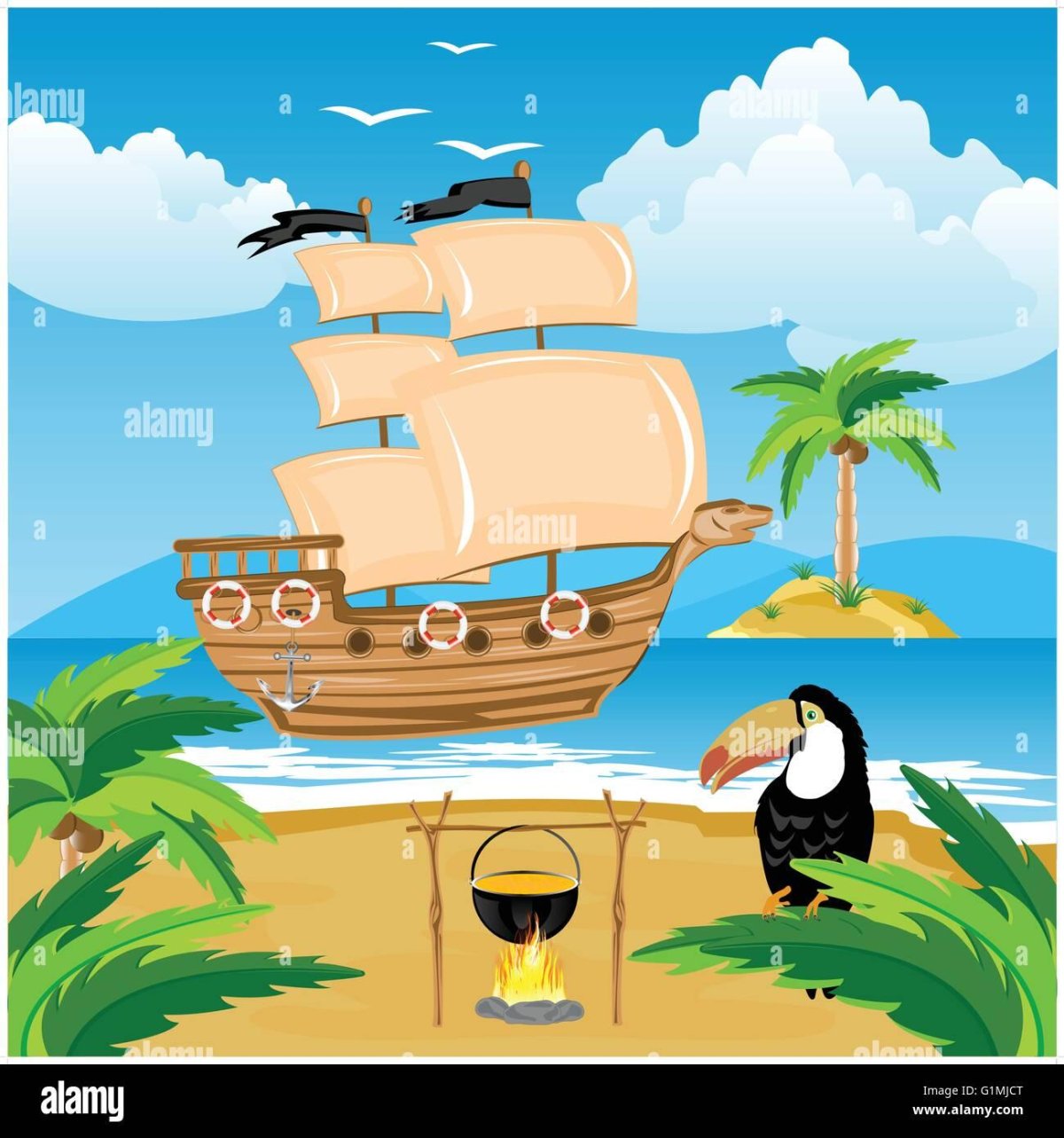 Море с кораблём мультяшное