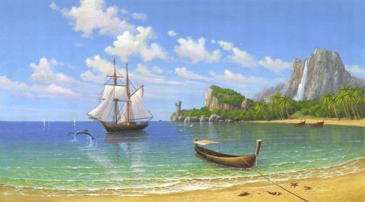 Пейзаж с морем и кораблем