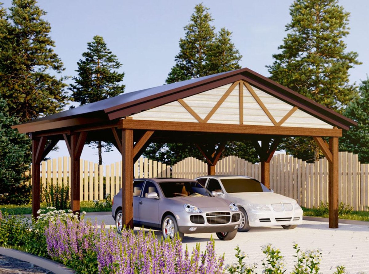 Двускатный деревянный навес для автомобиля