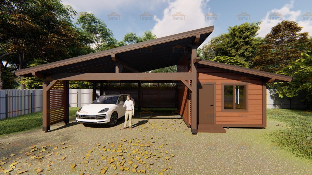 Навес на две машины с хозблоком