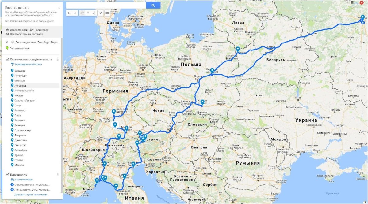 Маршрут Варшава Мюнхен на карте