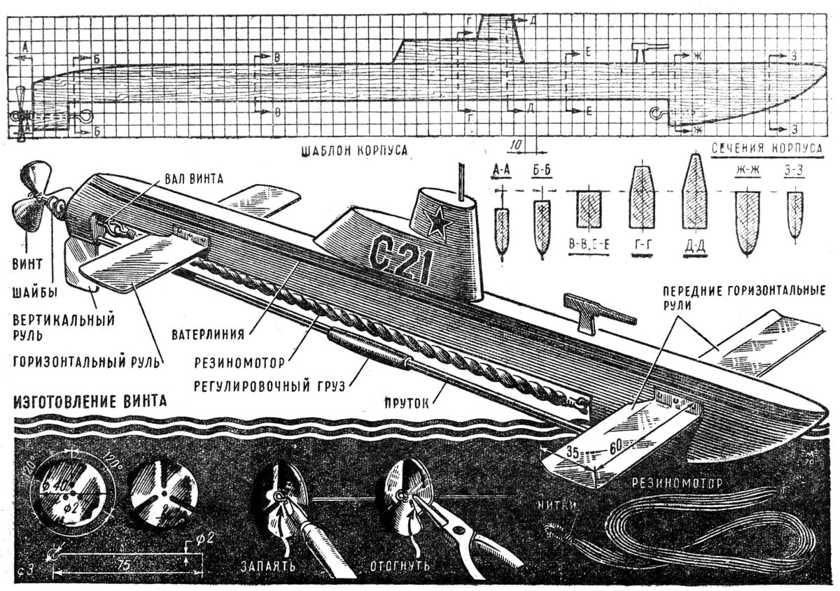 Резиномоторная модель подводной лодки