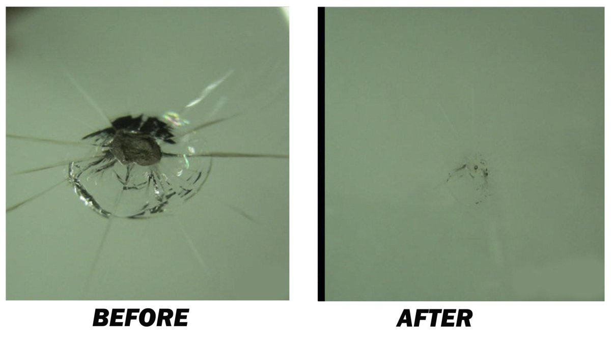 Скол на лобовом стекле до и после