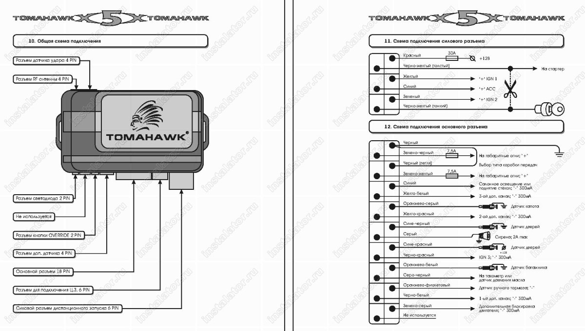 Схема подключения сигнализации Tomahawk x5