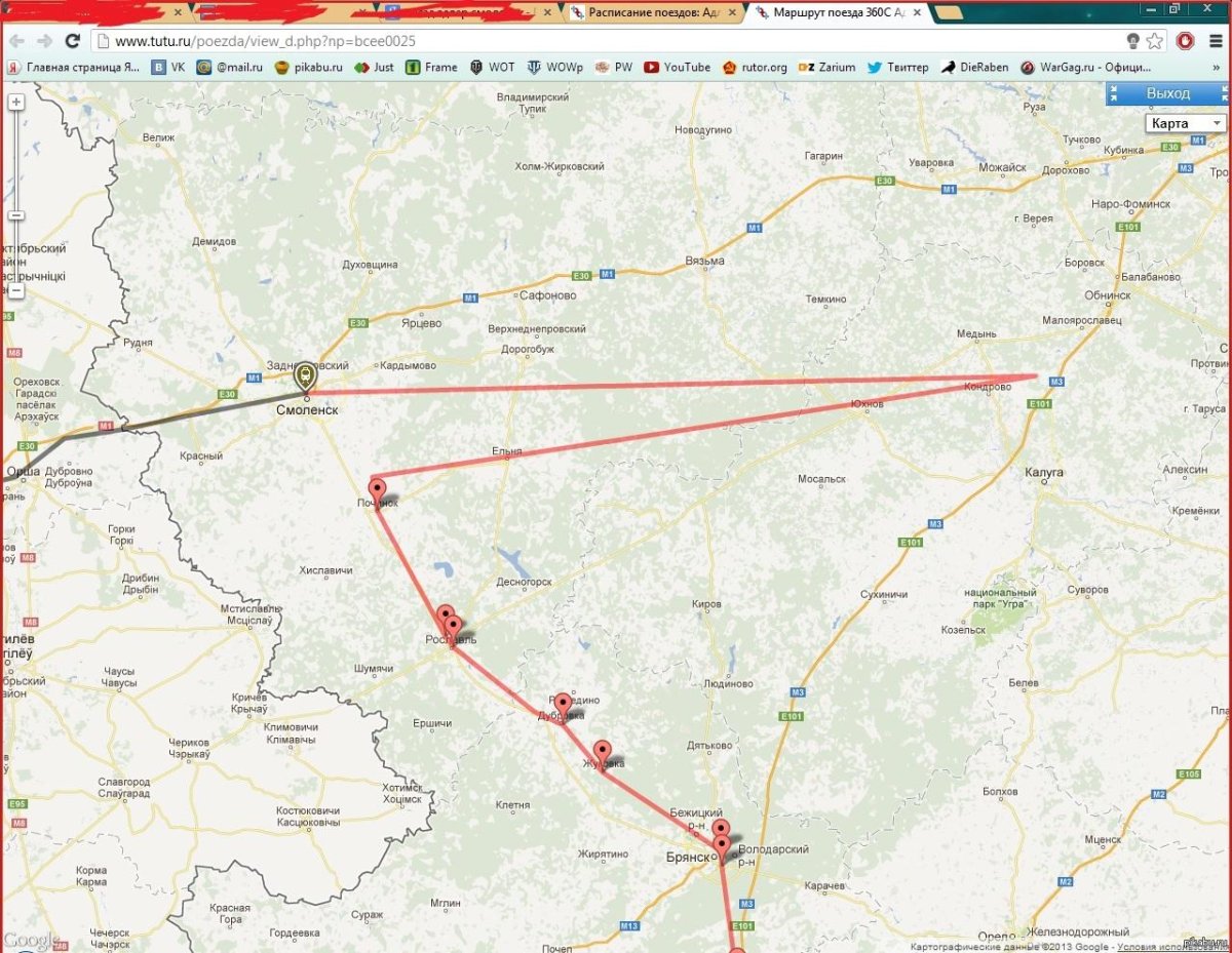 Маршрут поезда Калининград Адлер на карте