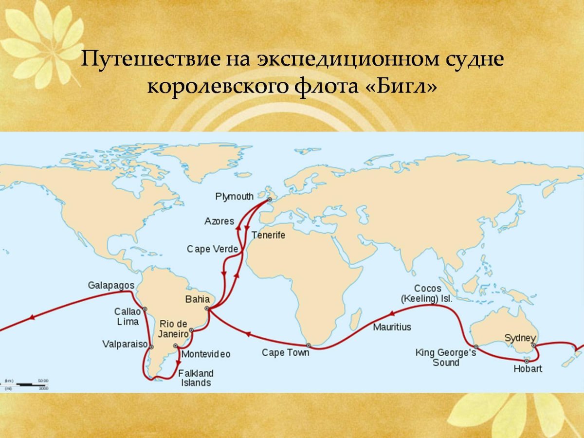 Карта путешествия Чарльза Дарвина на корабле Бигль