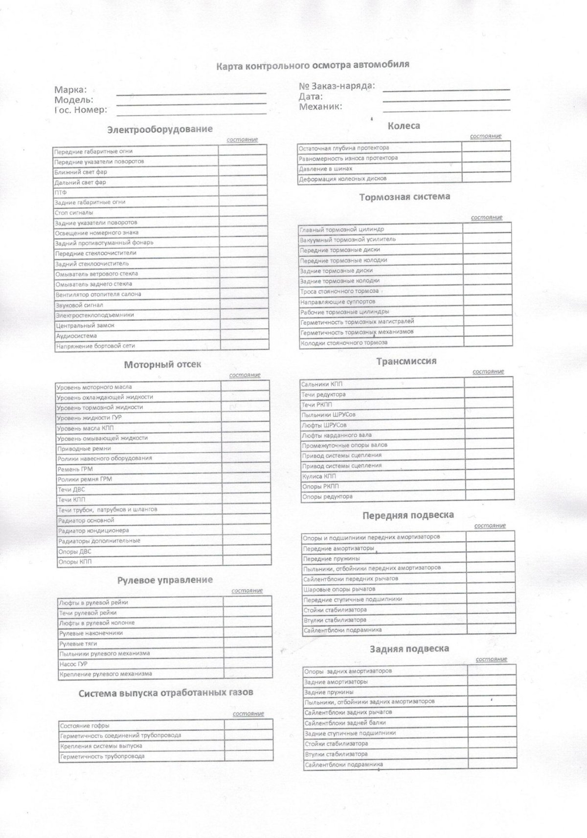 Лист осмотра ходовой части автомобиля