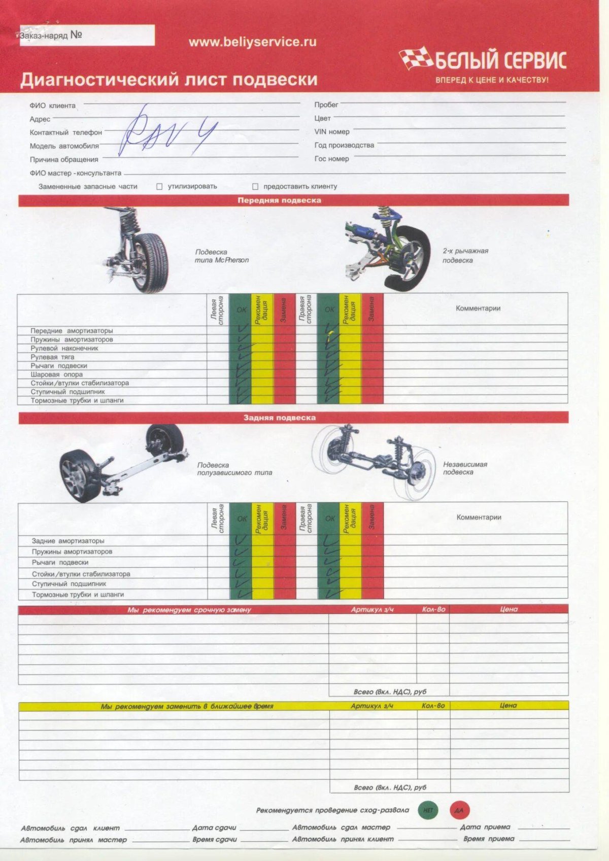 Карта диагностики ходовой части автомобиля образец