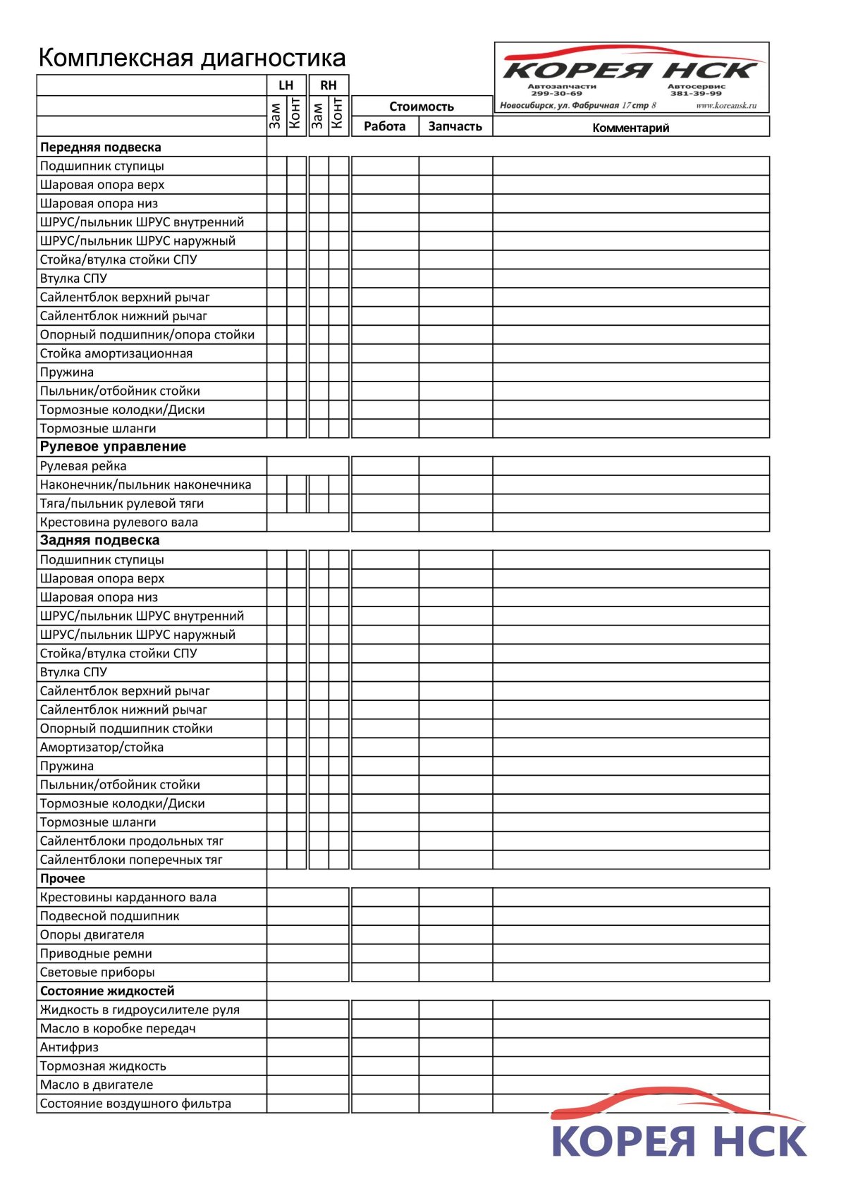 Диагностический лист автомобиля