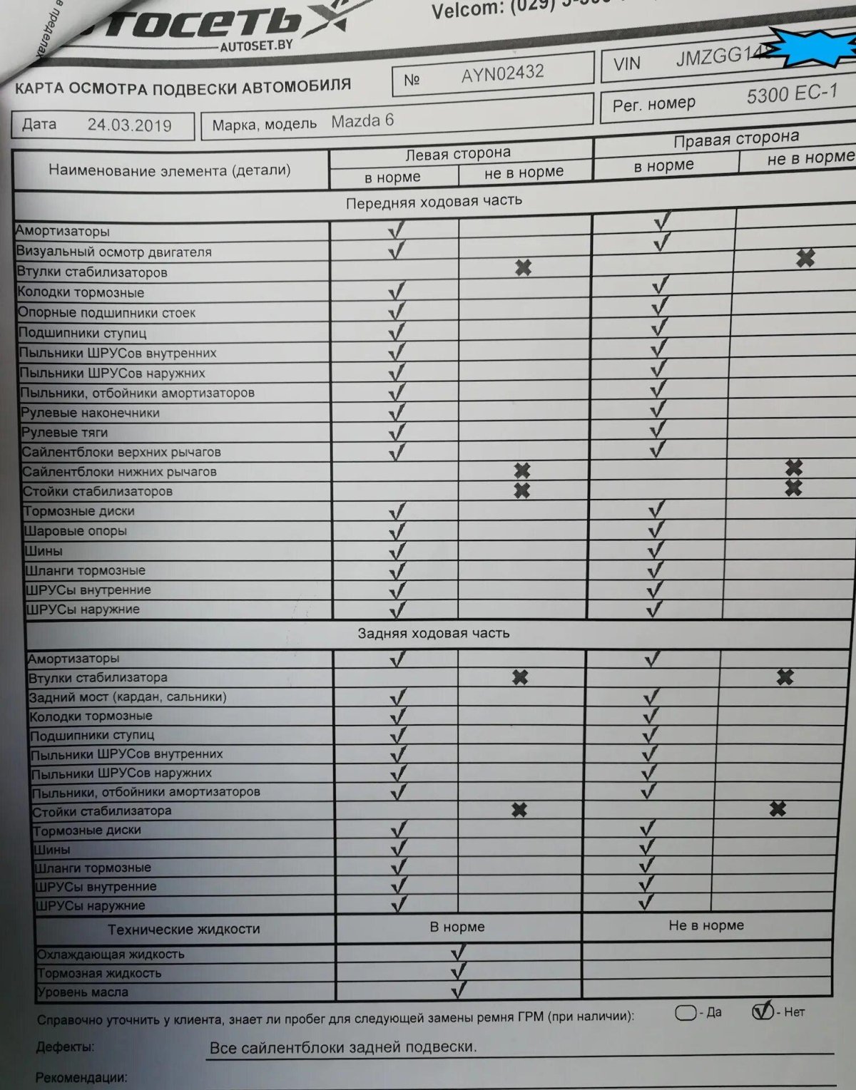 Лист осмотра ходовой части автомобиля