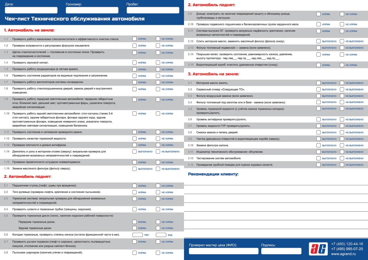 Чек лист технического обслуживания автомобилей