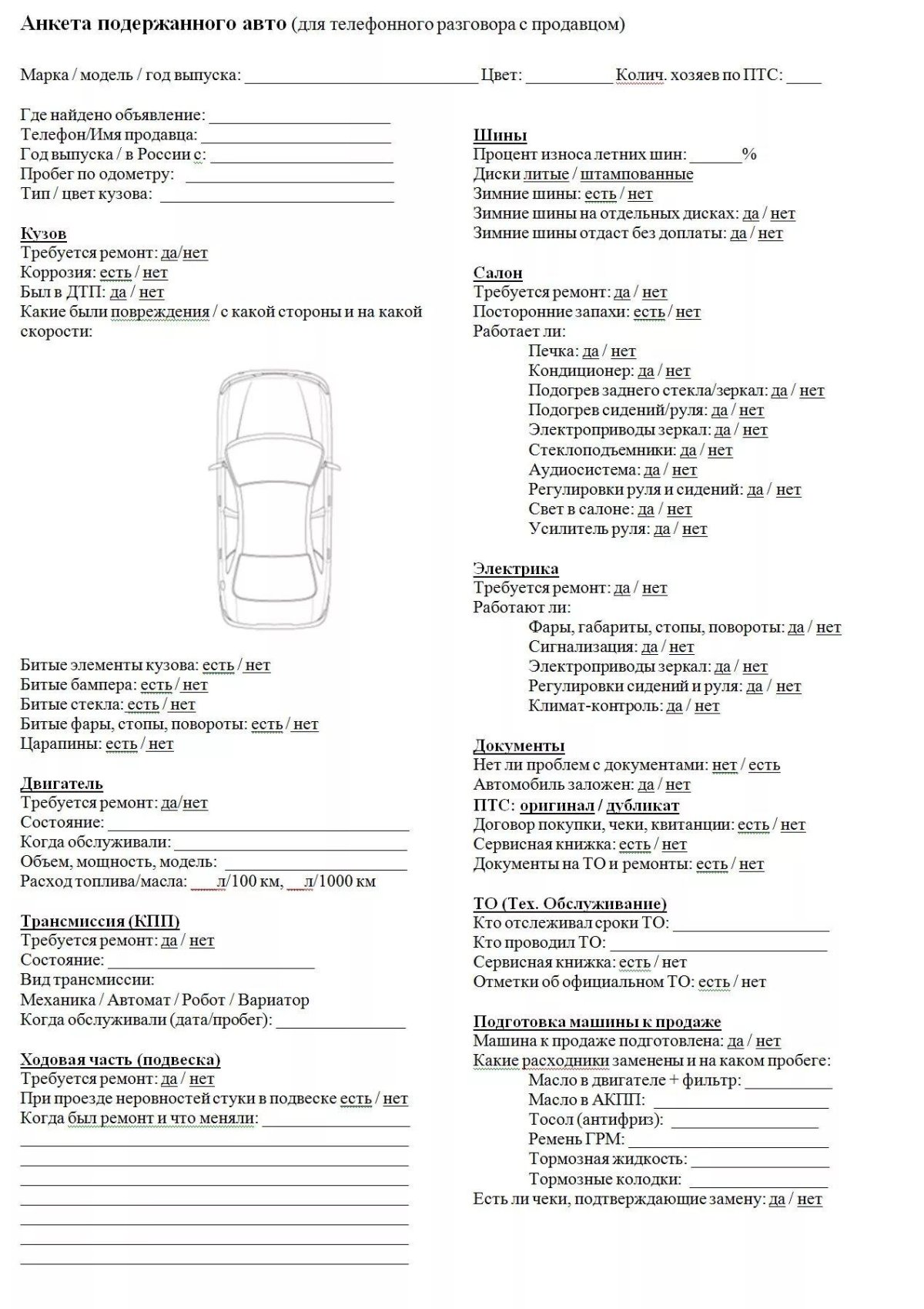 Чек лист осмотра авто перед покупкой