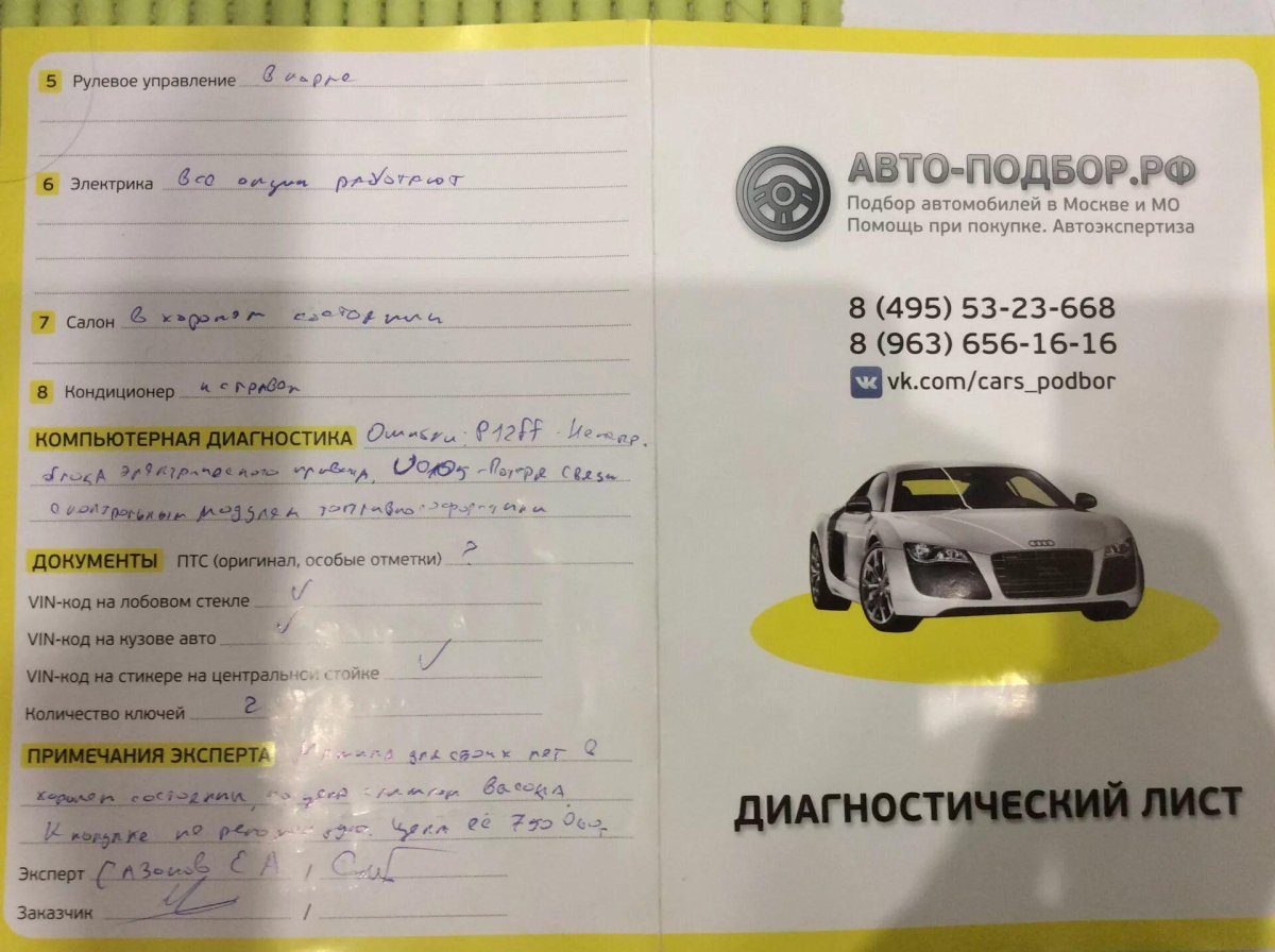 Диагностический лист автомобиля