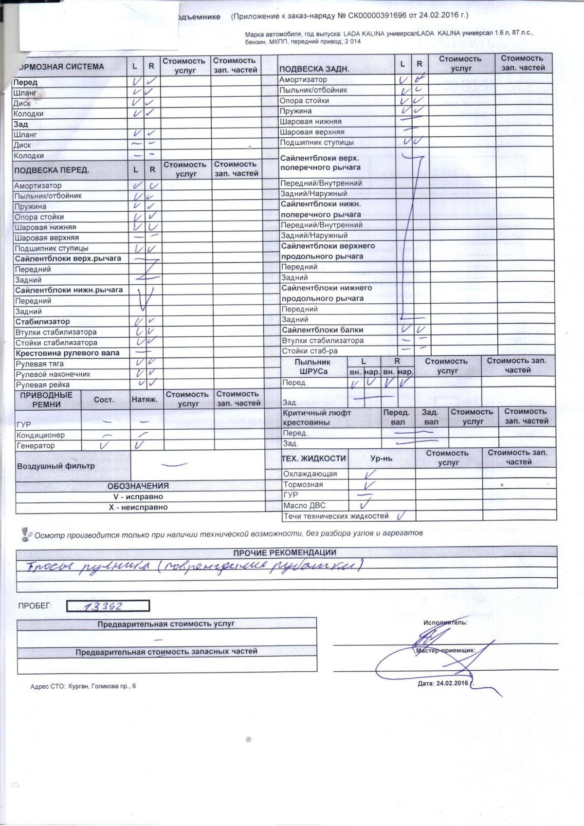 Карта диагностики ходовой части автомобиля образец