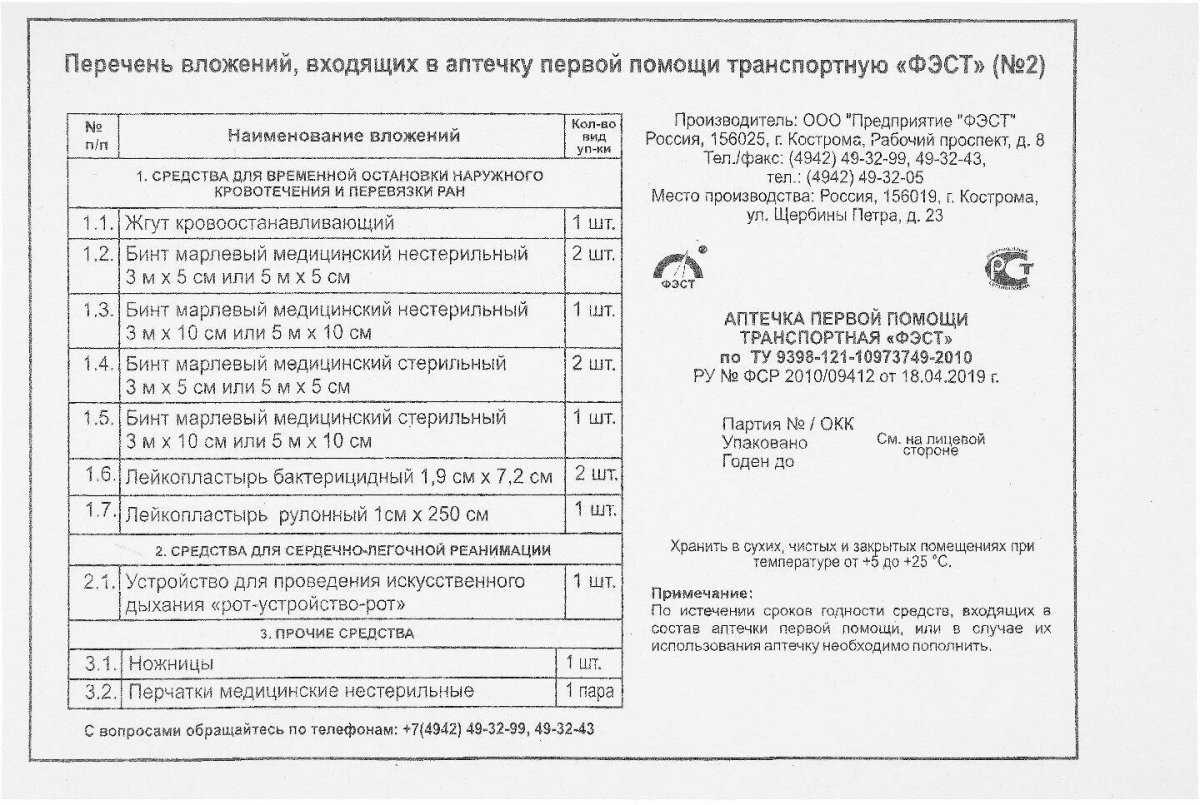 Перечень вложений аптечки