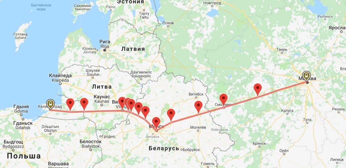 Маршрут Москва Калининград на поезде на карте