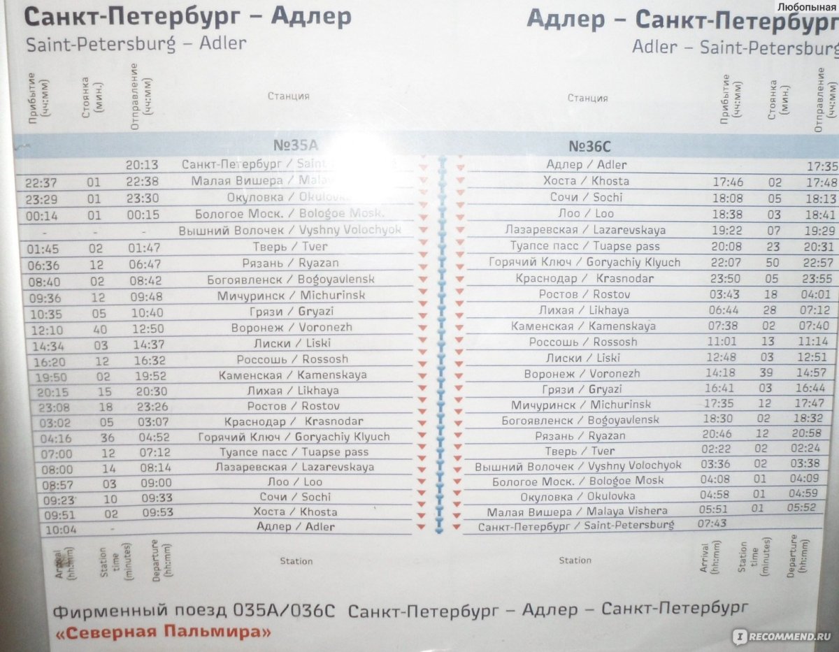 Поезд Северная Пальмира СПБ Адлер