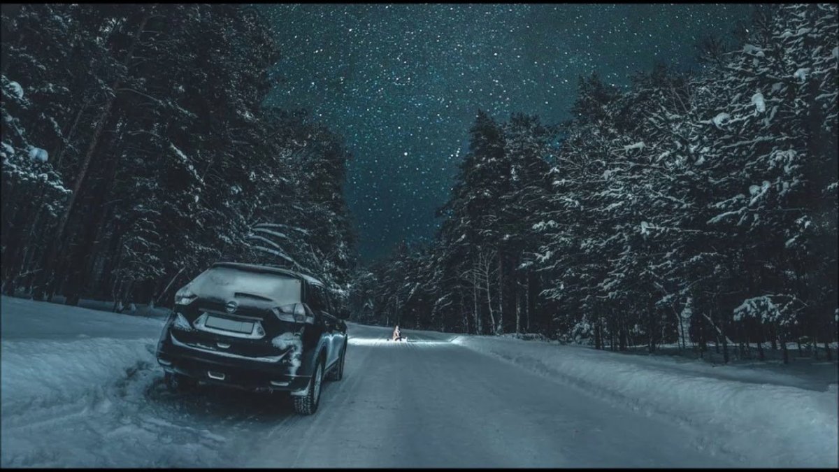 Зимняя дорога в лесу ночью