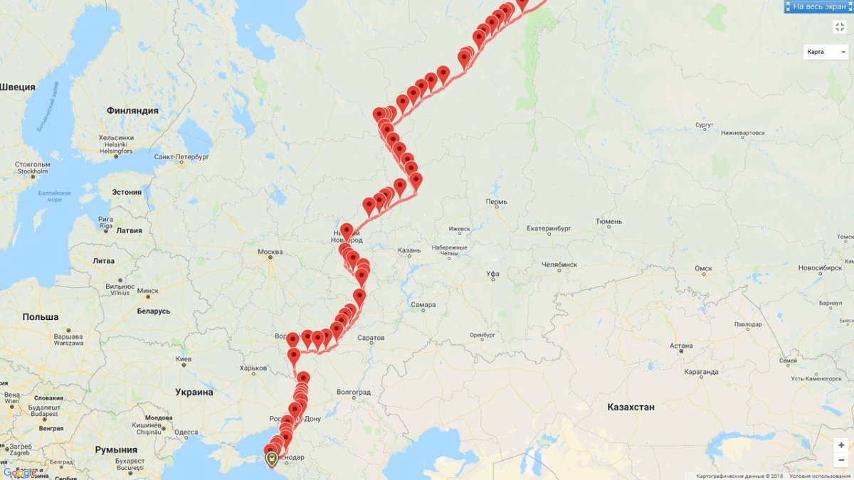 Маршрут поезда 311с Воркута Новороссийск на карте