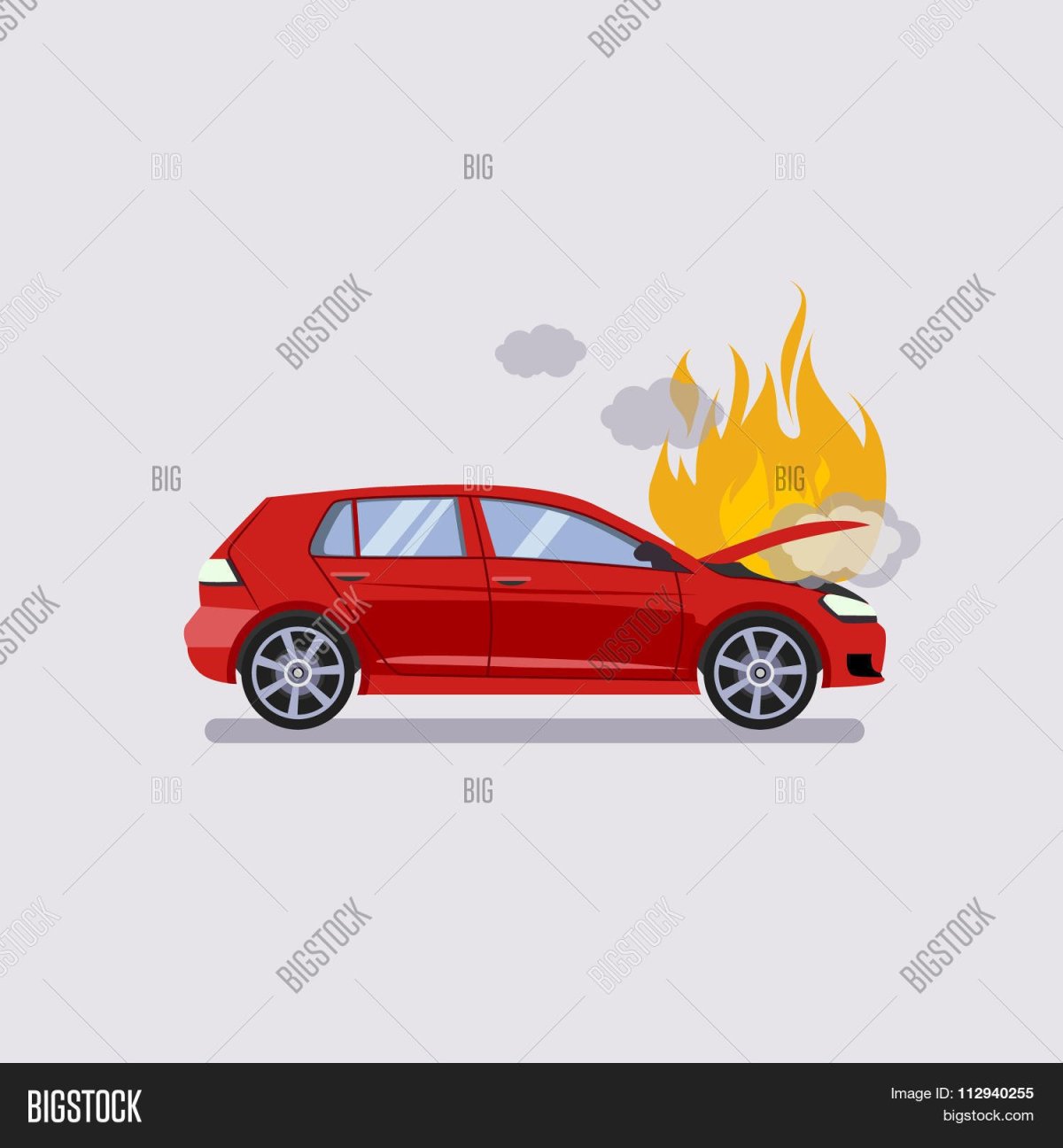 Горящий автомобиль на белом фоне