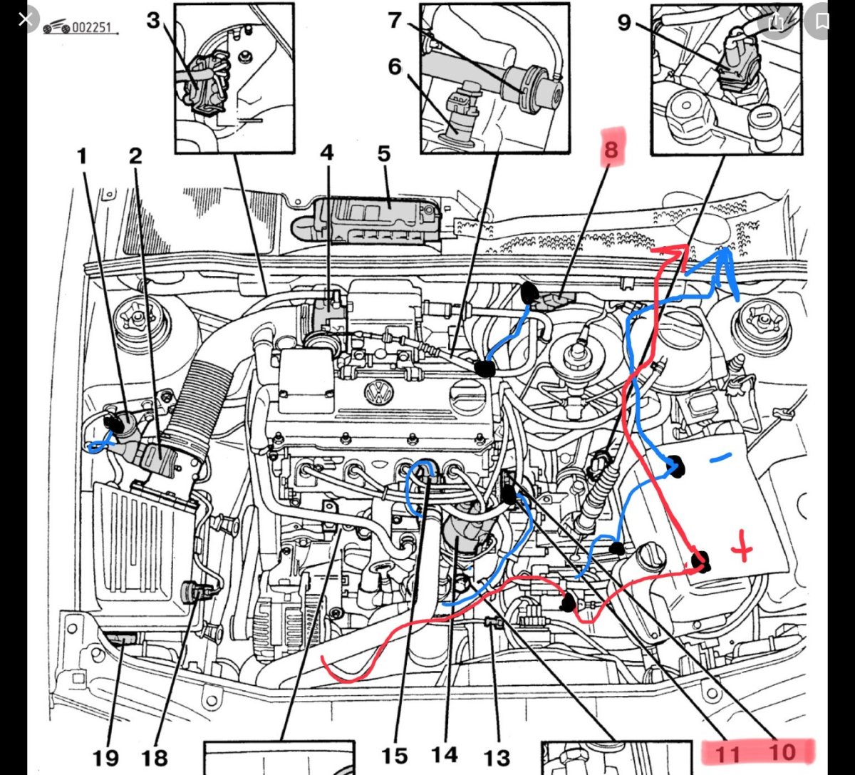 Точки крепления массы на VW Golf 2
