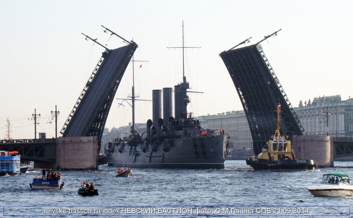 Крейсер Аврора под дворцовым мостом