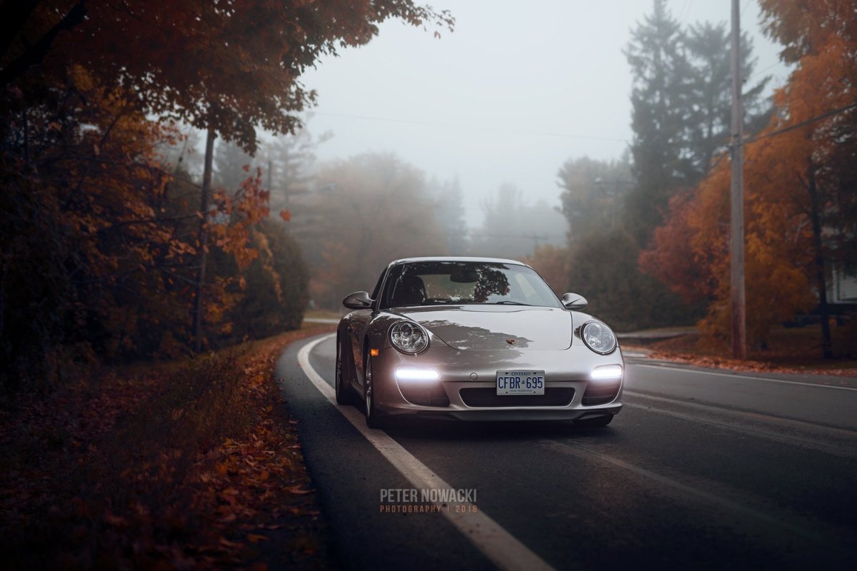 Бордовый Порше в осеннем лесу