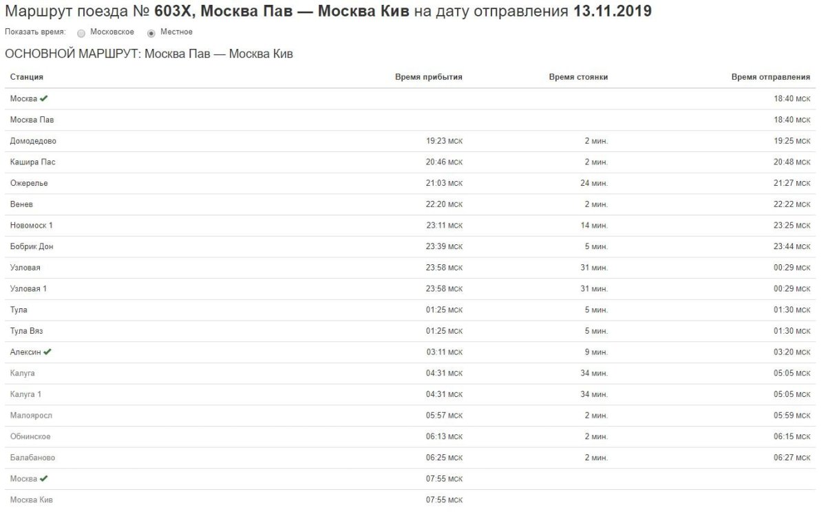Маршрут поезда Москва