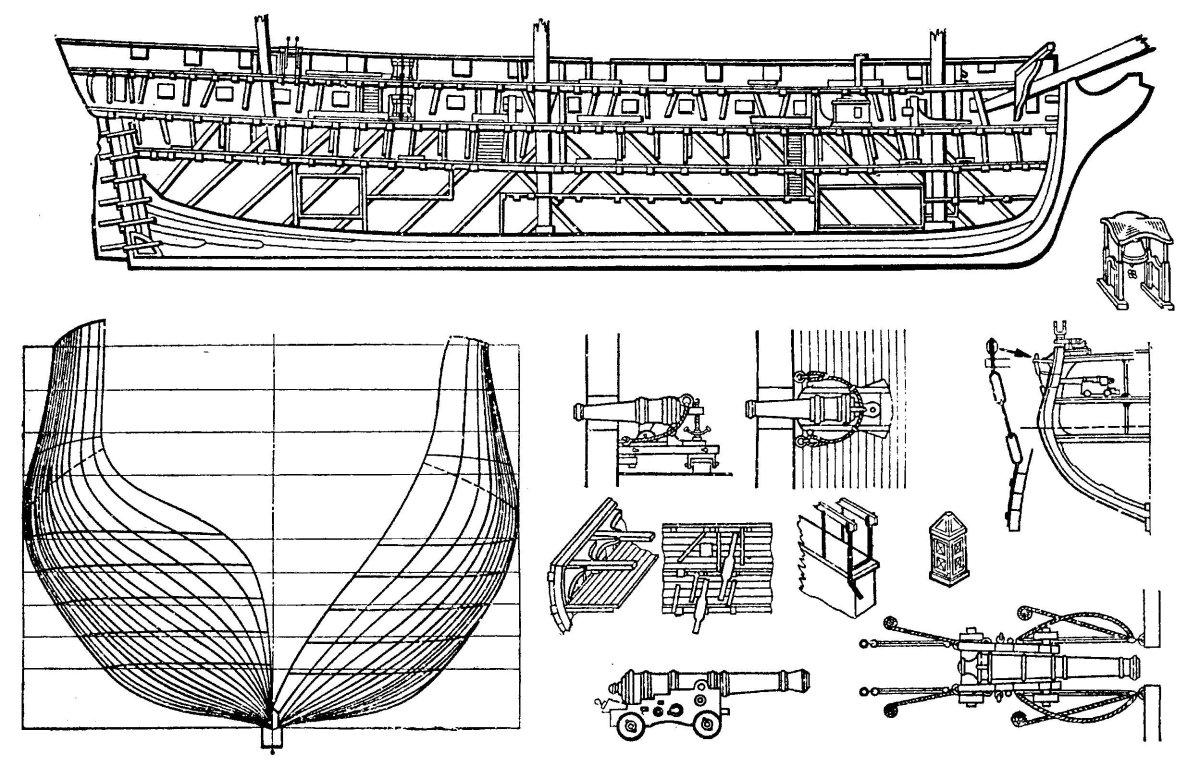 Чертеж шпангоутов парусного корабля