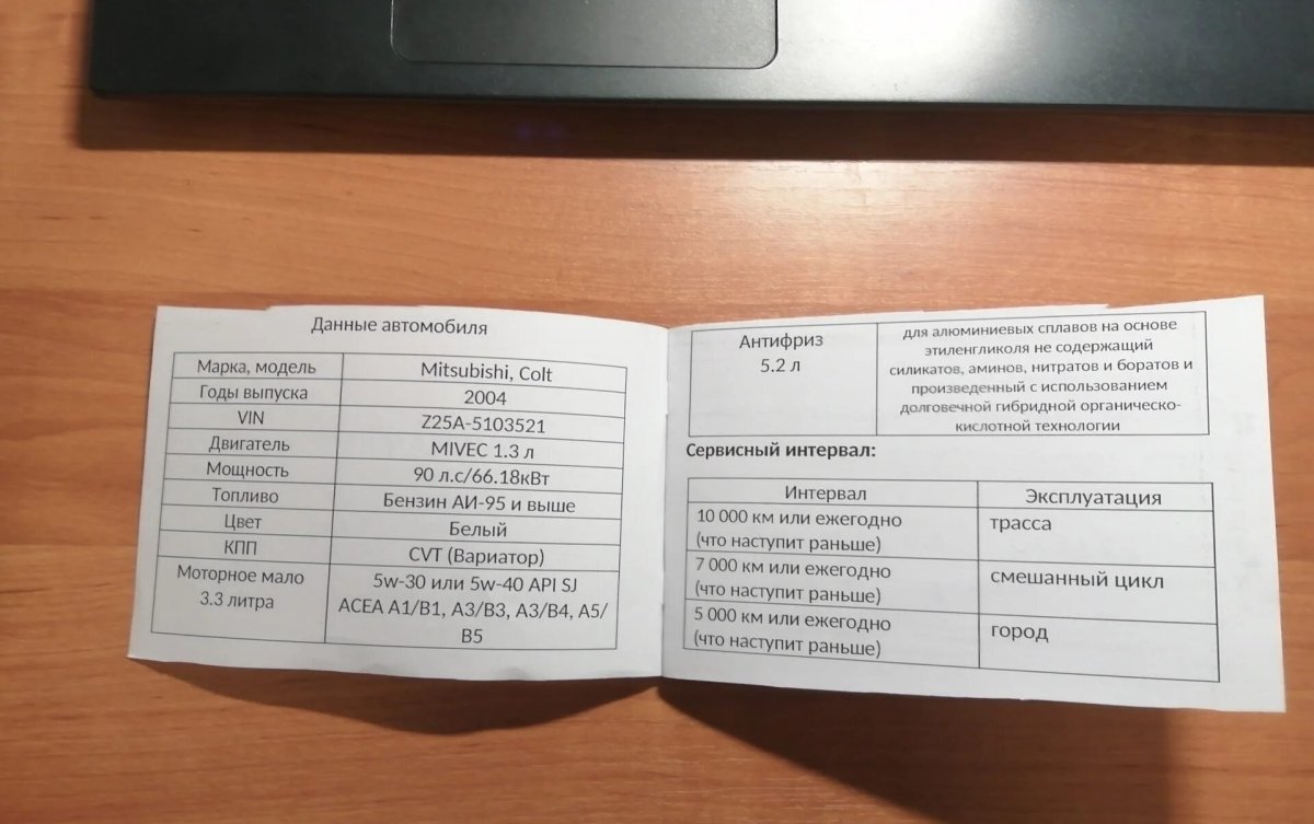 Сервисная книжка для Mitsubishi Colt 2006 года